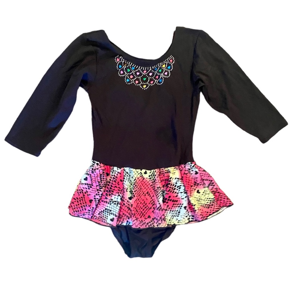 Jacques Moret Black Animal Print Heart Skirt Dance Leotard